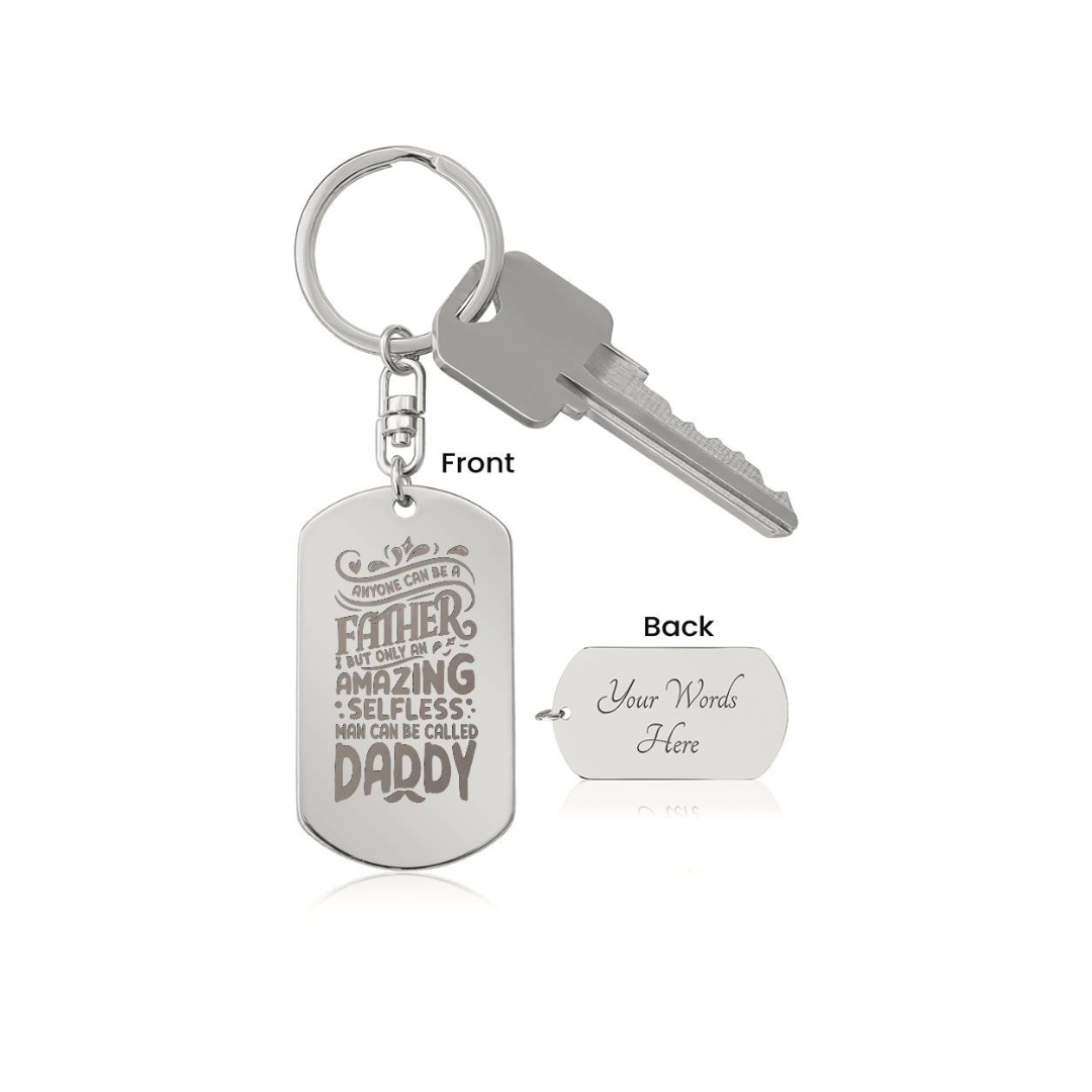 Create a unique keepsake with our Engraved Dog Tag Keychain. This high-quality stainless steel piece can be customized on the back in a scripted font, with 2 lines of text, up to 20 characters each.