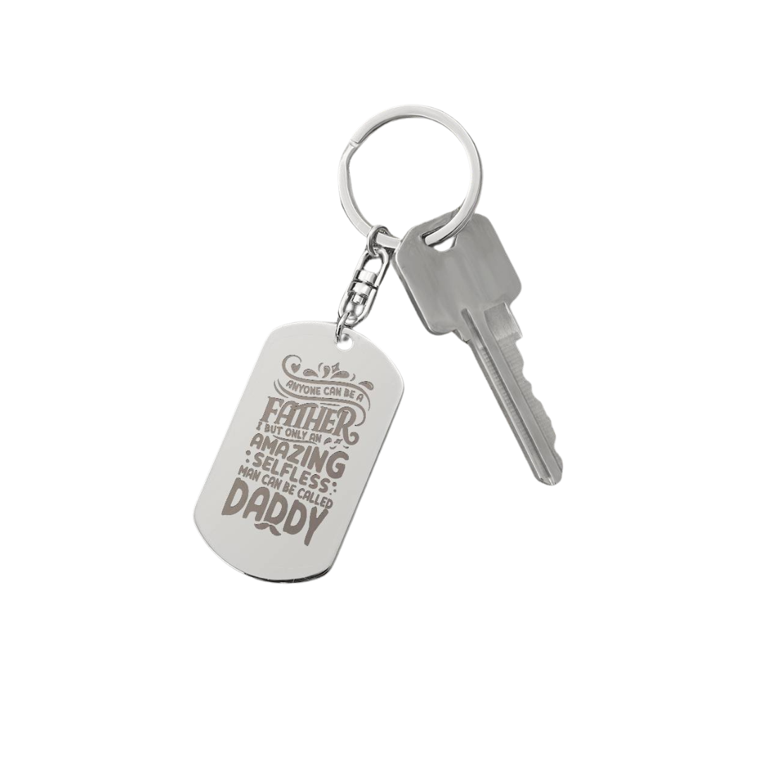 Create a unique keepsake with our Engraved Dog Tag Keychain. This high-quality stainless steel piece can be customized on the back in a scripted font, with 2 lines of text, up to 20 characters each.