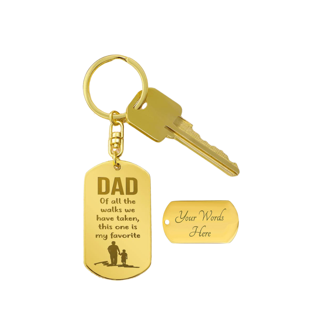 Create a unique keepsake with our Engraved Dog Tag Keychain. This high-quality stainless steel piece can be customized on the back in a scripted font, with 2 lines of text, up to 20 characters each.