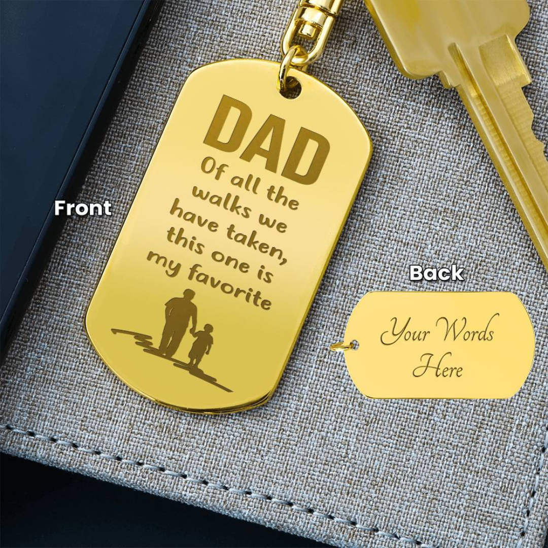 Create a unique keepsake with our Engraved Dog Tag Keychain. This high-quality stainless steel piece can be customized on the back in a scripted font, with 2 lines of text, up to 20 characters each.