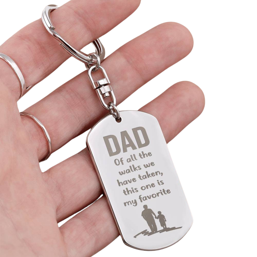 Create a unique keepsake with our Engraved Dog Tag Keychain. This high-quality stainless steel piece can be customized on the back in a scripted font, with 2 lines of text, up to 20 characters each.