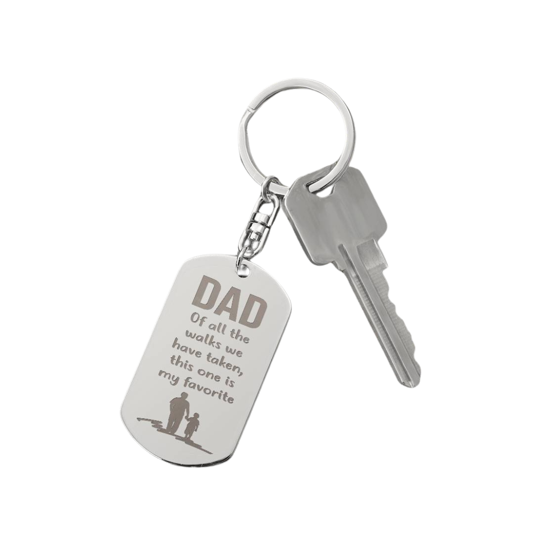 Create a unique keepsake with our Engraved Dog Tag Keychain. This high-quality stainless steel piece can be customized on the back in a scripted font, with 2 lines of text, up to 20 characters each.