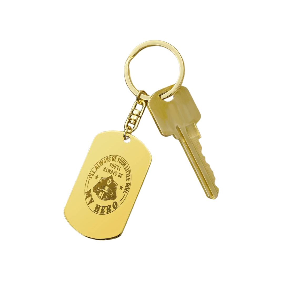Create a unique keepsake with our Engraved Dog Tag Keychain. This high-quality stainless steel piece can be customized on the back in a scripted font, with 2 lines of text, up to 20 characters each.