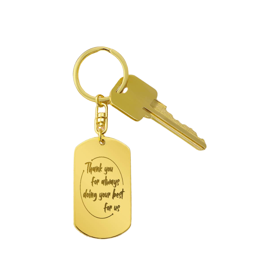 Create a unique keepsake with our Engraved Dog Tag Keychain. This high-quality stainless steel piece can be customized on the back in a scripted font, with 2 lines of text, up to 20 characters each.