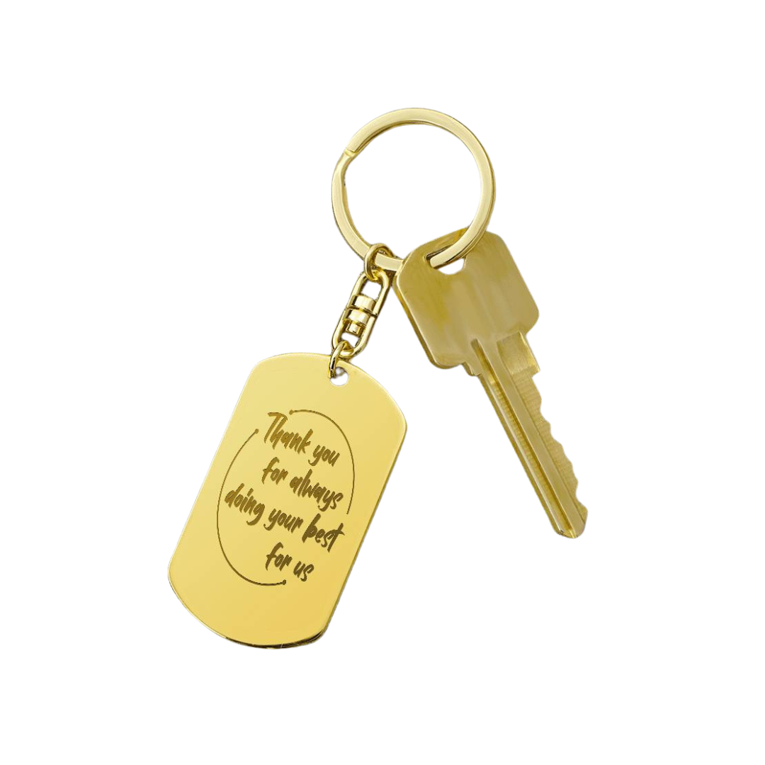 Create a unique keepsake with our Engraved Dog Tag Keychain. This high-quality stainless steel piece can be customized on the back in a scripted font, with 2 lines of text, up to 20 characters each.