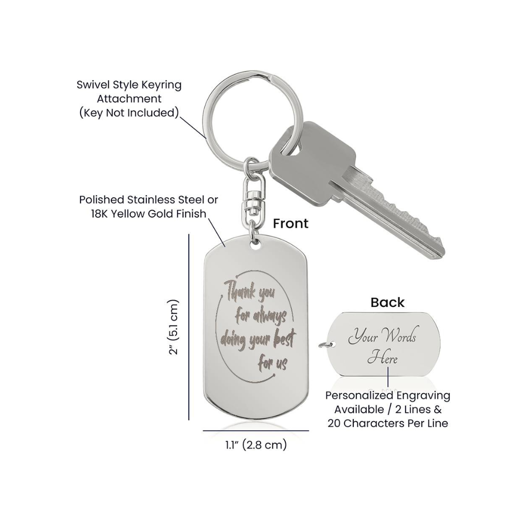 Create a unique keepsake with our Engraved Dog Tag Keychain. This high-quality stainless steel piece can be customized on the back in a scripted font, with 2 lines of text, up to 20 characters each.
