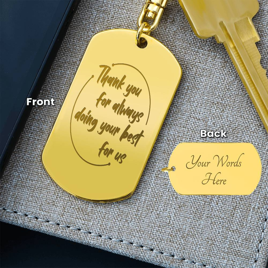 Create a unique keepsake with our Engraved Dog Tag Keychain. This high-quality stainless steel piece can be customized on the back in a scripted font, with 2 lines of text, up to 20 characters each.