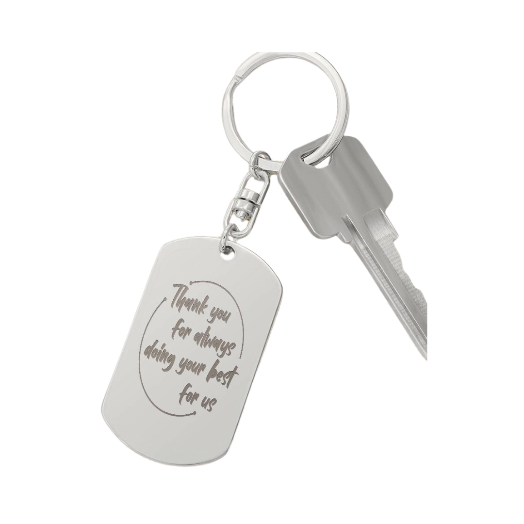 Create a unique keepsake with our Engraved Dog Tag Keychain. This high-quality stainless steel piece can be customized on the back in a scripted font, with 2 lines of text, up to 20 characters each.