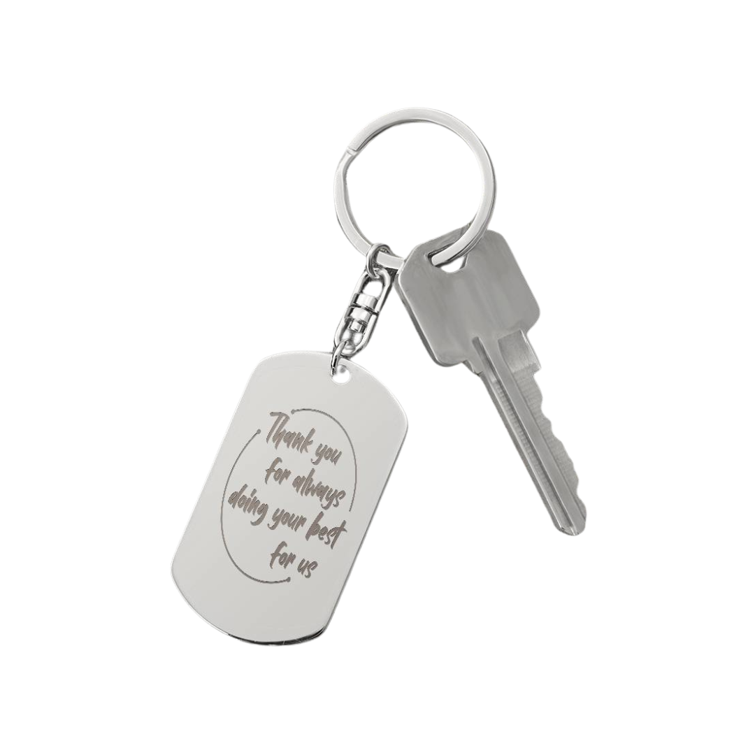 Create a unique keepsake with our Engraved Dog Tag Keychain. This high-quality stainless steel piece can be customized on the back in a scripted font, with 2 lines of text, up to 20 characters each.