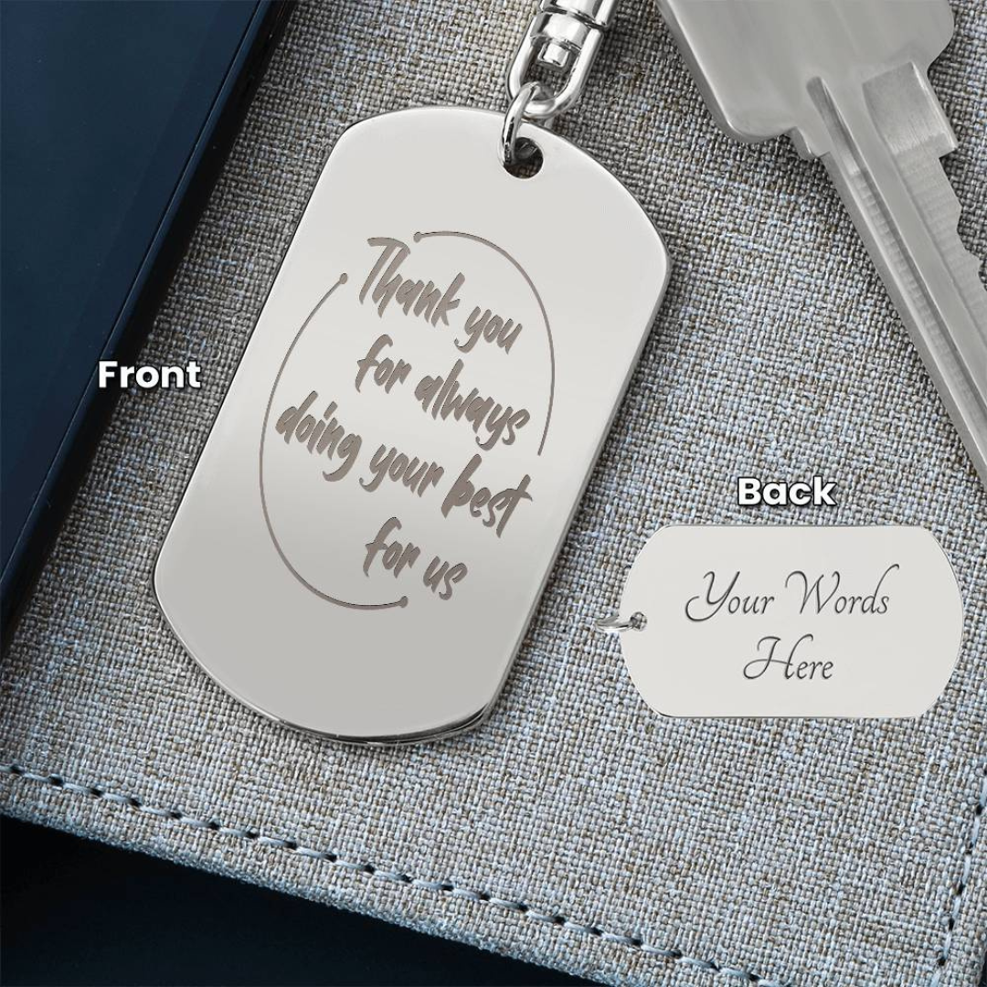 Create a unique keepsake with our Engraved Dog Tag Keychain. This high-quality stainless steel piece can be customized on the back in a scripted font, with 2 lines of text, up to 20 characters each.