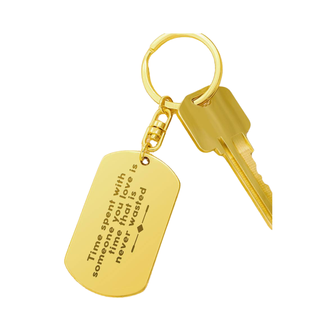Create a unique keepsake with our Engraved Dog Tag Keychain. This high-quality stainless steel piece can be customized on the back in a scripted font, with 2 lines of text, up to 20 characters each.