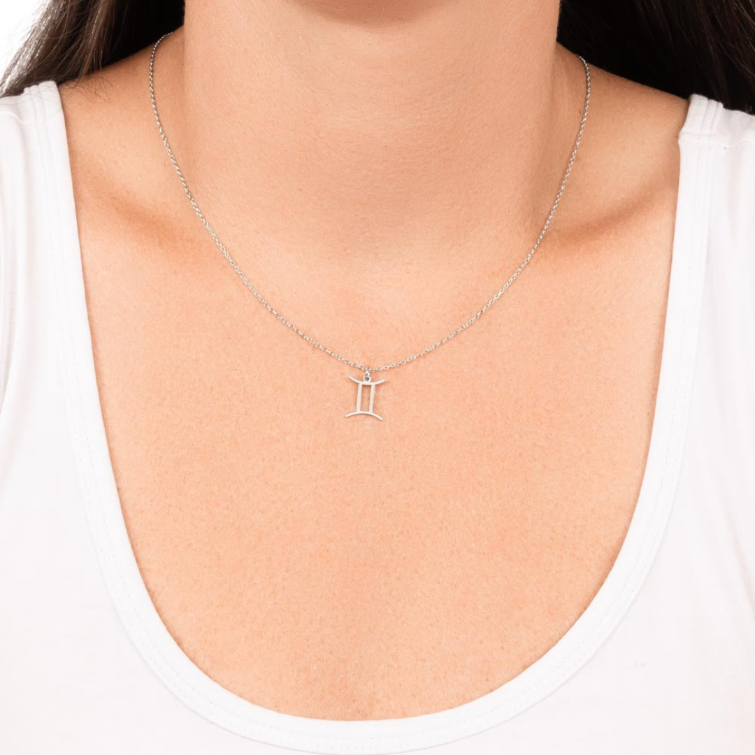 Gemini Zodiac Name Necklace. Handcrafted with care, this piece is made from durable stainless steel and optionally dipped in 18k yellow gold and features her unique astrological sign.