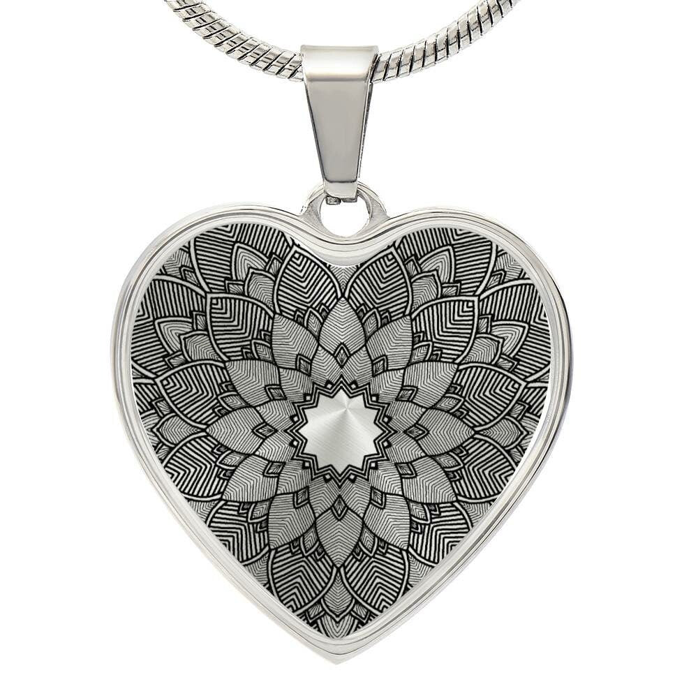 Graphic Heart Pendant + Necklace - Abstract Mandala