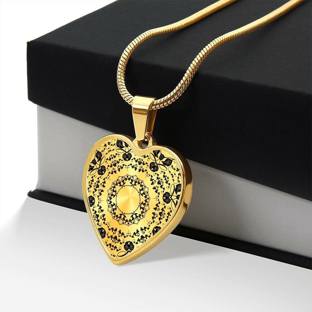 Graphic Heart Pendant + Necklace - Mandala Flower Rosette