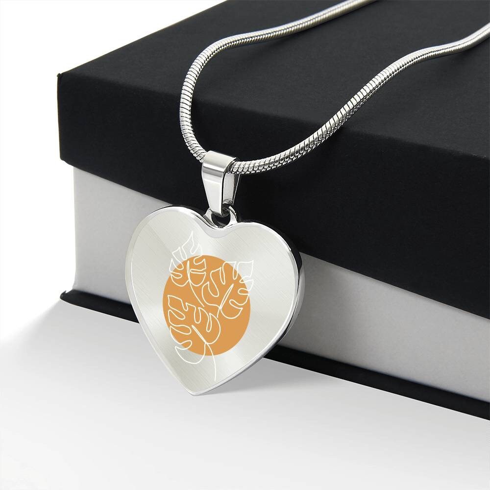 Graphic Heart Pendant + Necklace - Monstera Leaves
