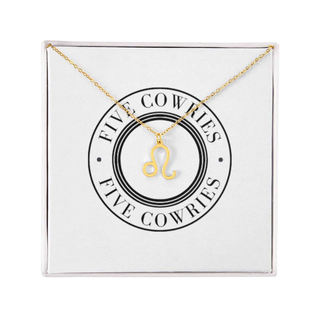 Leo Zodiac Name Necklace. Handcrafted with care, this piece is made from durable stainless steel and optionally dipped in 18k yellow gold and features her unique astrological sign.