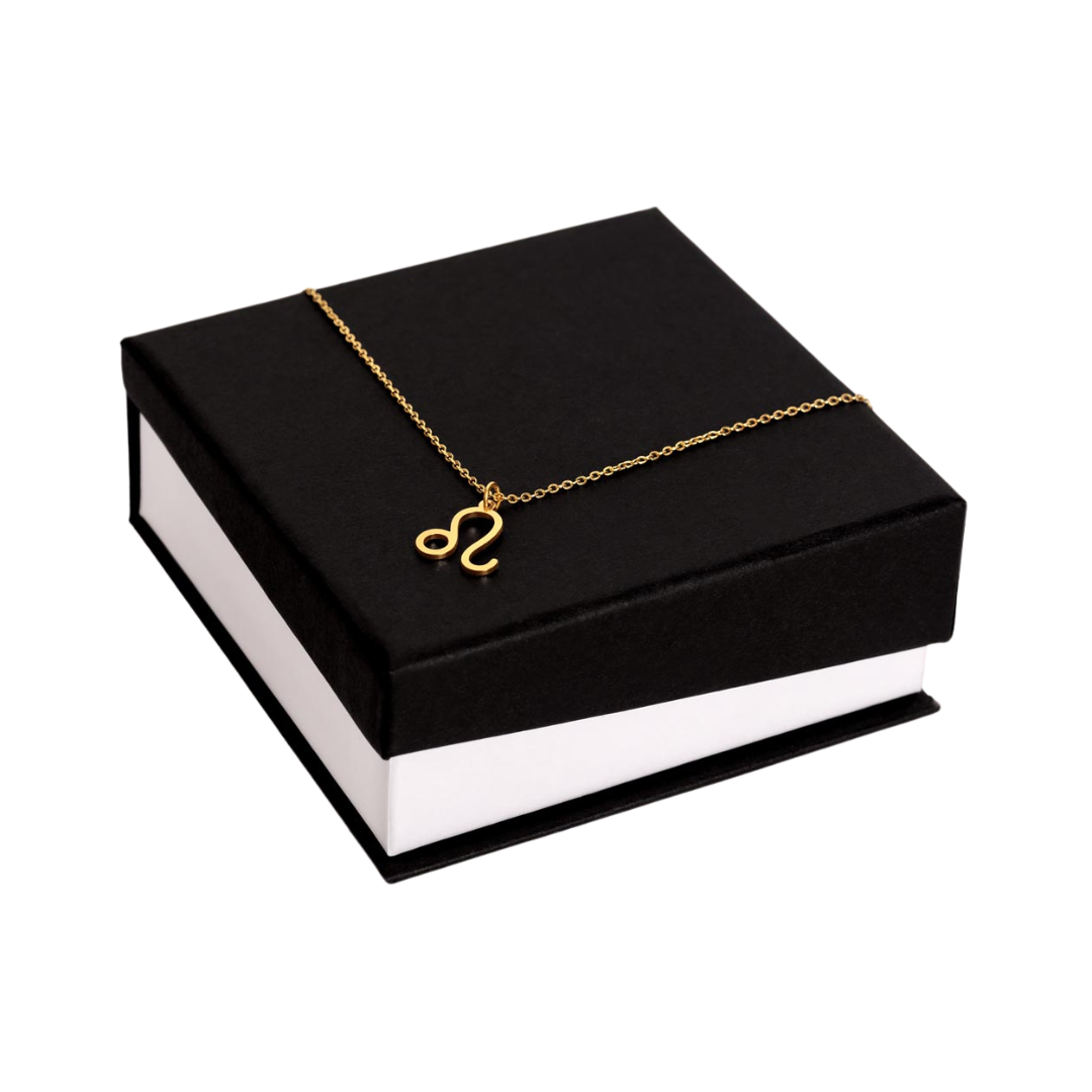 Leo Zodiac Name Necklace. Handcrafted with care, this piece is made from durable stainless steel and optionally dipped in 18k yellow gold and features her unique astrological sign.