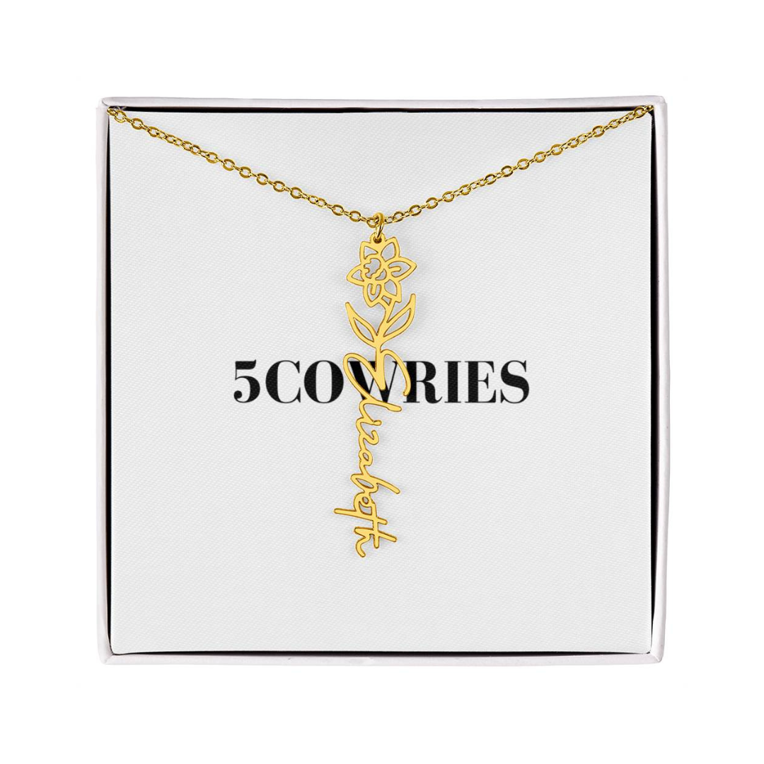 Name Necklace With Flower, Personalized Birth Flower Name Pendant, Custom Floral Name Jewelry, Mothers Day Gift, Valentine Gift for Her