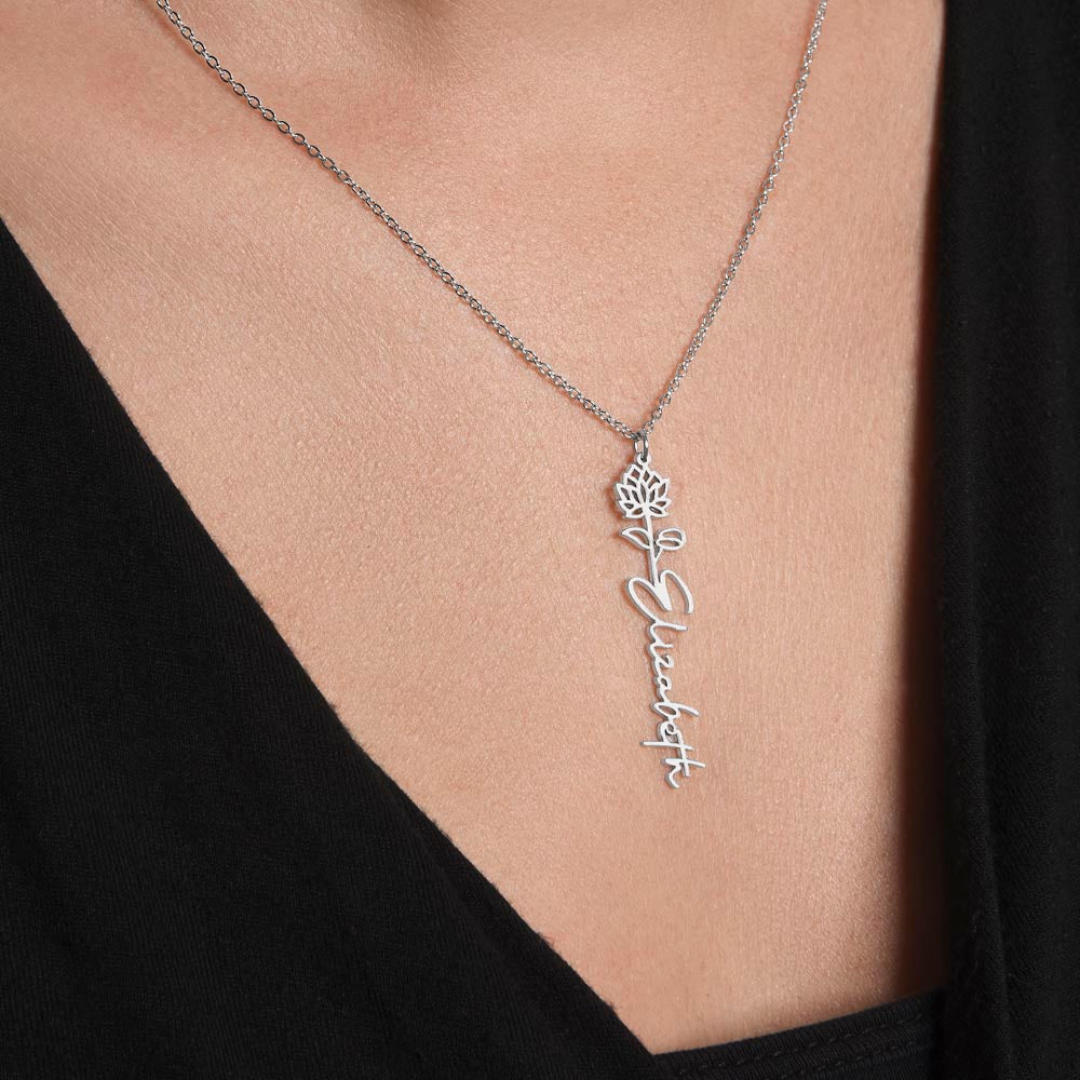 Name Necklace With Flower, Personalized Birth Flower Name Pendant, Custom Floral Name Jewelry, Mothers Day Gift, Valentine Gift for Her