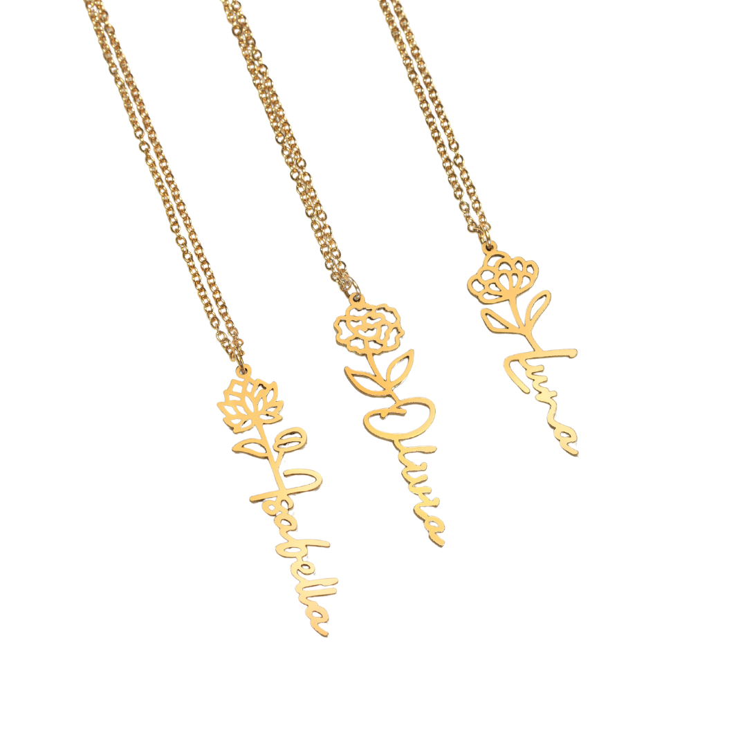 Name Necklace With Flower, Personalized Birth Flower Name Pendant, Custom Floral Name Jewelry, Mothers Day Gift, Valentine Gift for Her