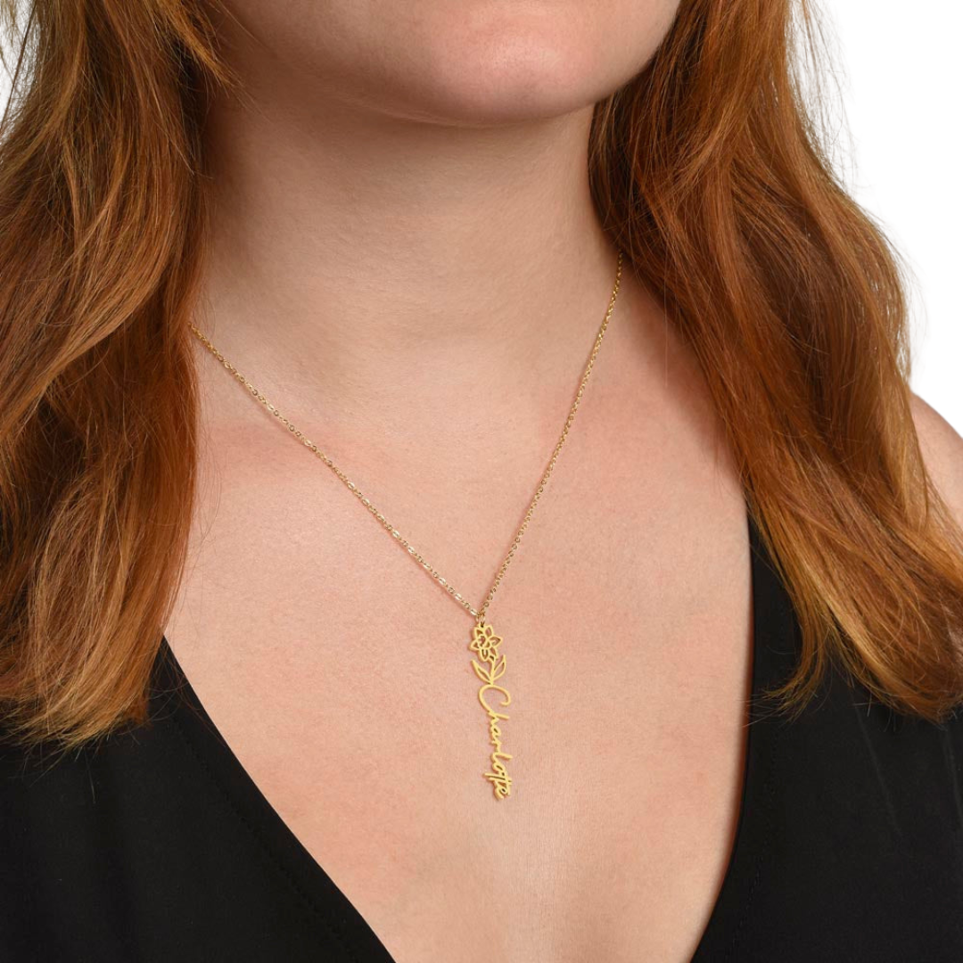 Name Necklace With Flower, Personalized Birth Flower Name Pendant, Custom Floral Name Jewelry, Mothers Day Gift, Valentine Gift for Her