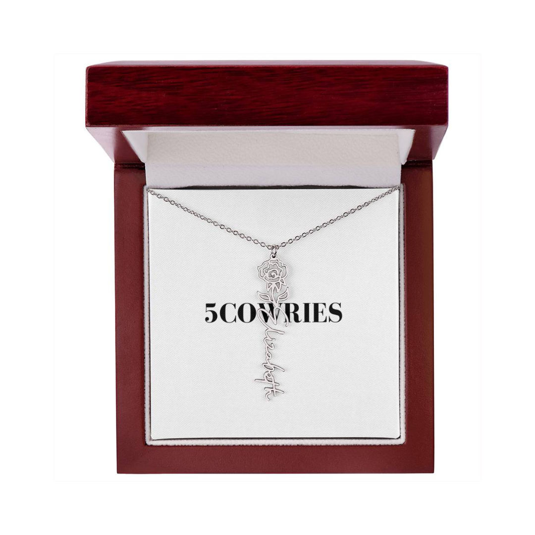 Name Necklace With Flower, Personalized Birth Flower Name Pendant, Custom Floral Name Jewelry, Mothers Day Gift, Valentine Gift for Her