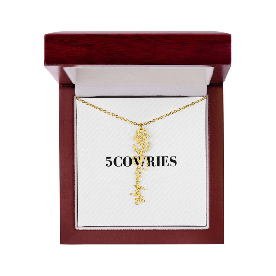 Name Necklace With Flower, Personalized Birth Flower Name Pendant, Custom Floral Name Jewelry, Mothers Day Gift, Valentine Gift for Her