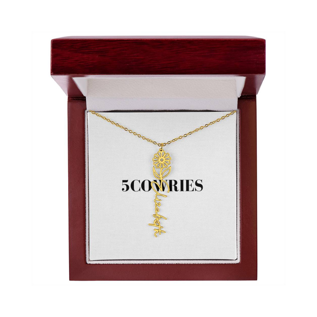 Name Necklace With Flower, Personalized Birth Flower Name Pendant, Custom Floral Name Jewelry, Mothers Day Gift, Valentine Gift for Her