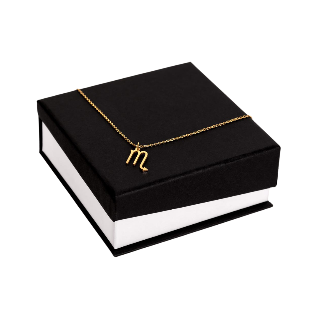 Scorpio Zodiac Name Necklace. Handcrafted with care, this piece is made from durable stainless steel and optionally dipped in 18k yellow gold and features her unique astrological sign.