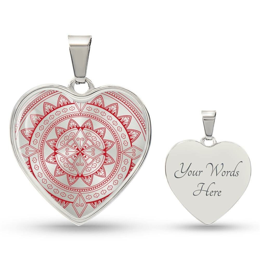 Graphic Heart Pendant + Necklace - Floral Pattern Mandala