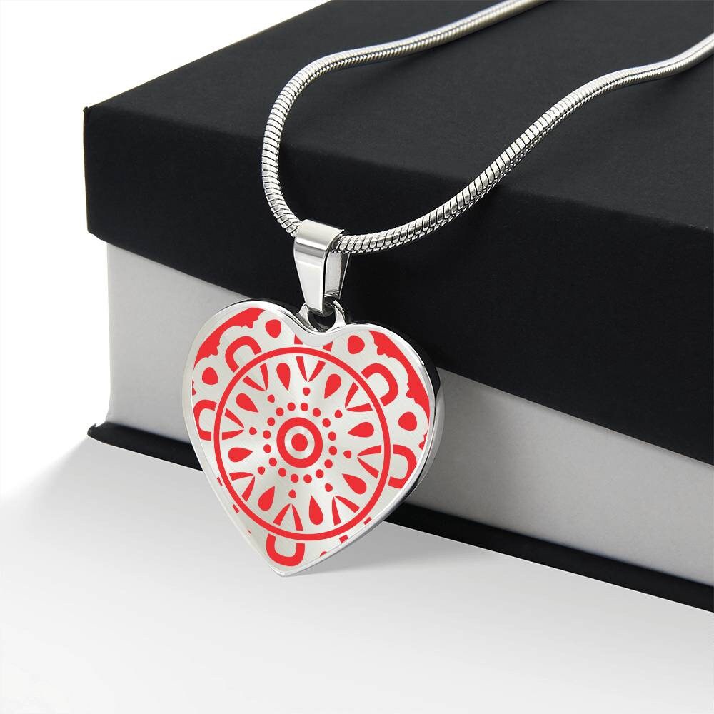 Graphic Heart Pendant + Necklace - Circular Floral Pattern