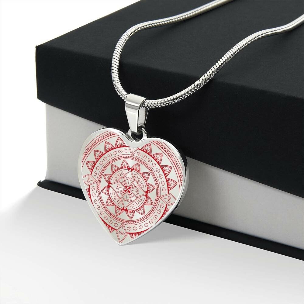 Graphic Heart Pendant + Necklace - Floral Pattern Mandala