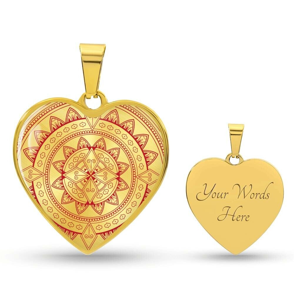 Graphic Heart Pendant + Necklace - Floral Pattern Mandala