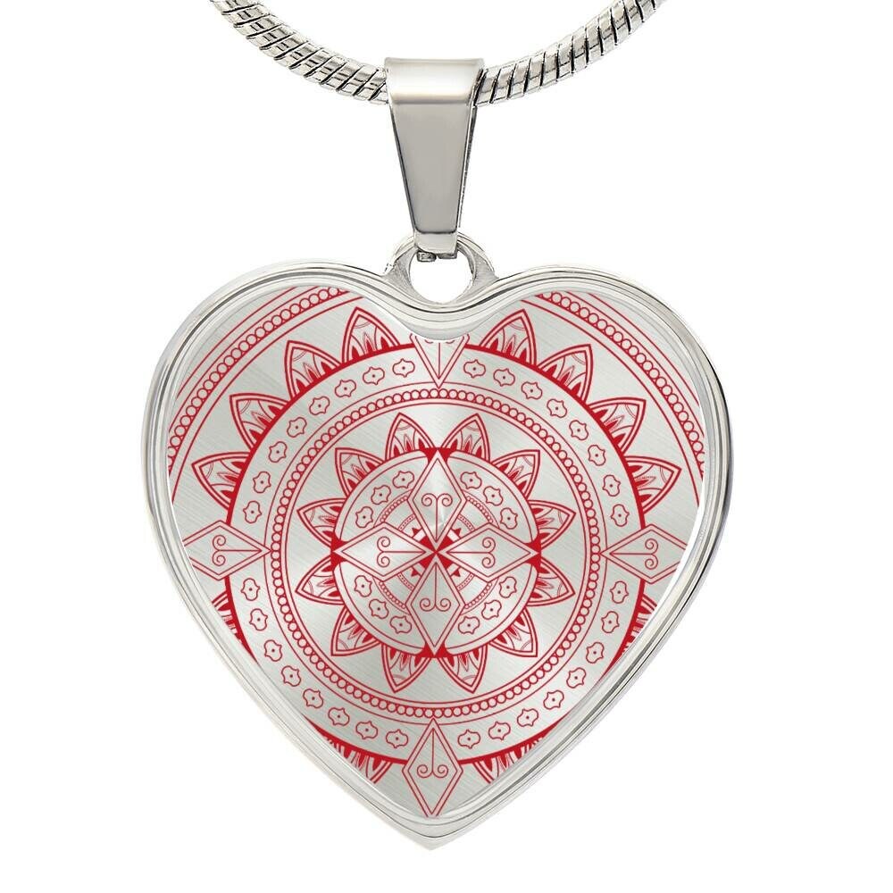 Graphic Heart Pendant + Necklace - Floral Pattern Mandala