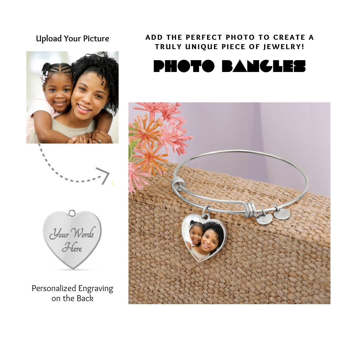 Photo Heart Pendant Bangles, Custom Picture Heart Bangles, Picture Pendant Bangles, Personalized Engraved Heart Bangles, Custom Gift for her