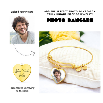 Photo Heart Pendant Bangles, Custom Picture Heart Bangles, Picture Pendant Bangles, Personalized Engraved Heart Bangles, Custom Gift for her