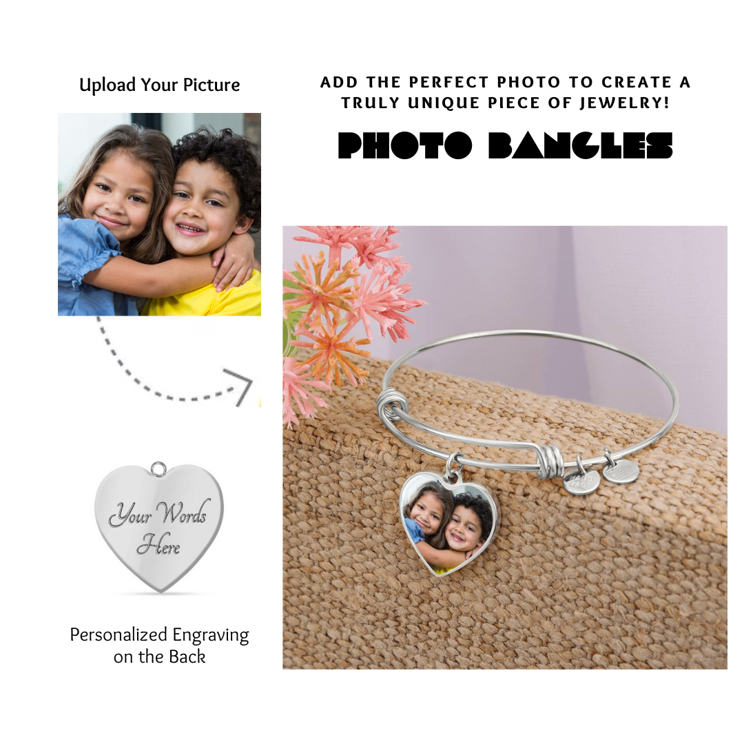 Photo Heart Pendant Bangles, Custom Picture Heart Bangles, Picture Pendant Bangles, Personalized Engraved Heart Bangles, Custom Gift for her