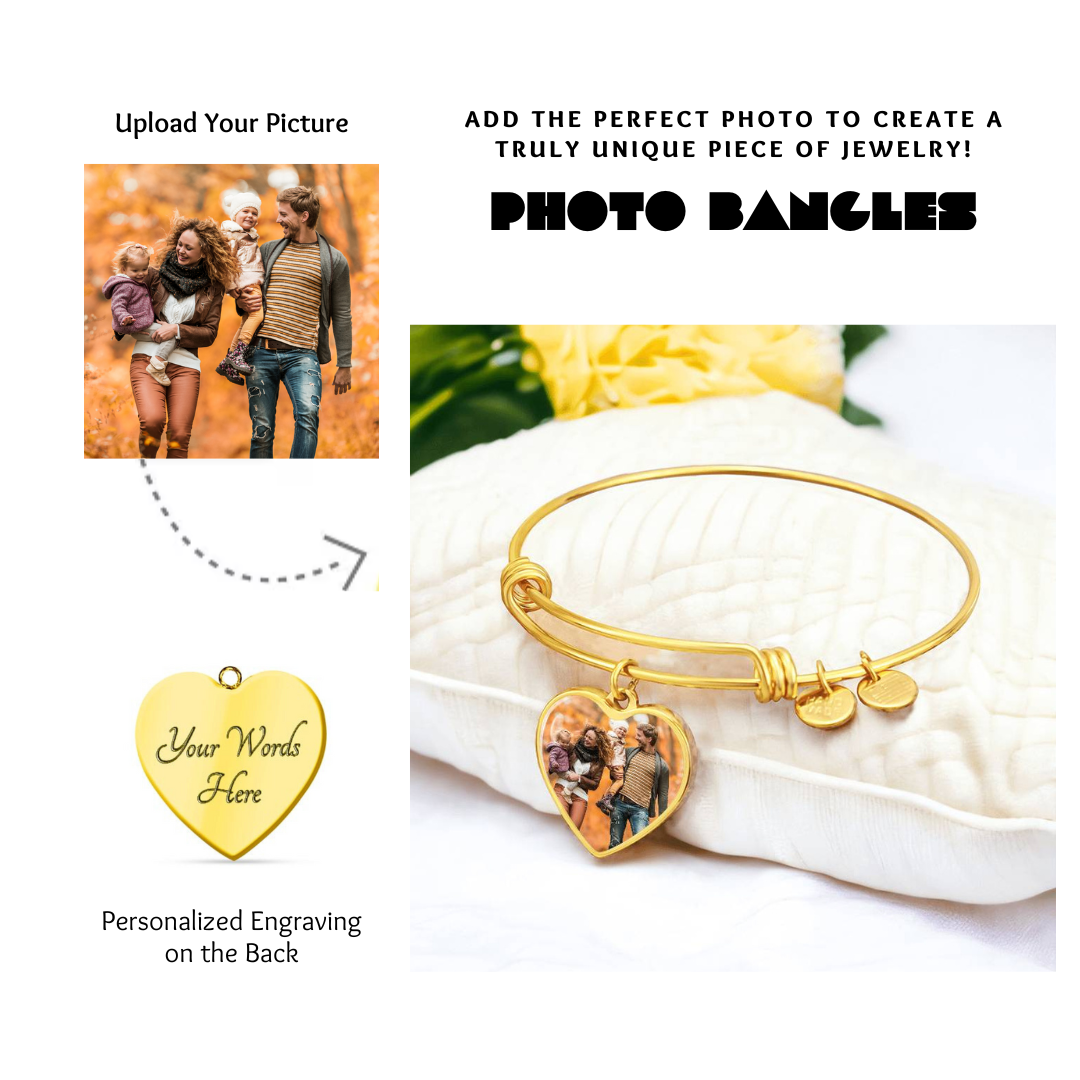 Photo Heart Pendant Bangles, Custom Picture Heart Bangles, Picture Pendant Bangles, Personalized Engraved Heart Bangles, Custom Gift for her