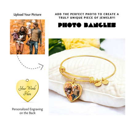 Photo Heart Pendant Bangles, Custom Picture Heart Bangles, Picture Pendant Bangles, Personalized Engraved Heart Bangles, Custom Gift for her