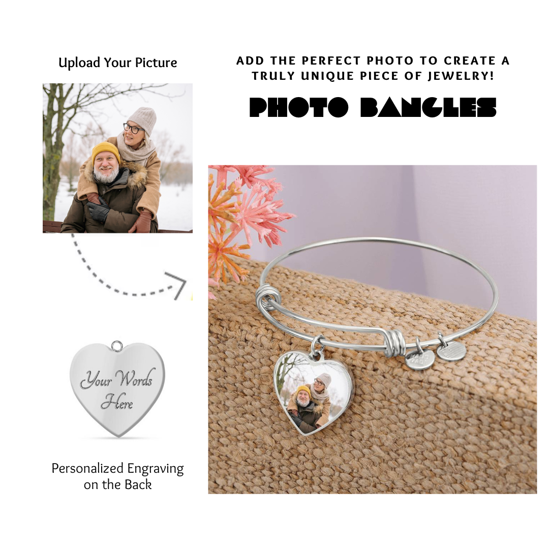 Photo Heart Pendant Bangles, Custom Picture Heart Bangles, Picture Pendant Bangles, Personalized Engraved Heart Bangles, Custom Gift for her