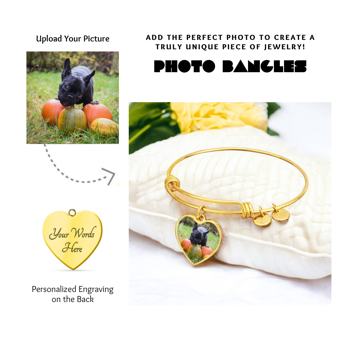 Photo Heart Pendant Bangles, Custom Picture Heart Bangles, Picture Pendant Bangles, Personalized Engraved Heart Bangles, Custom Gift for her