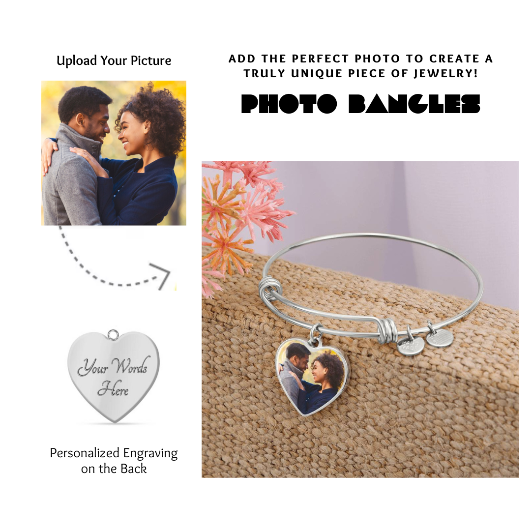 Photo Heart Pendant Bangles, Custom Picture Heart Bangles, Picture Pendant Bangles, Personalized Engraved Heart Bangles, Custom Gift for her