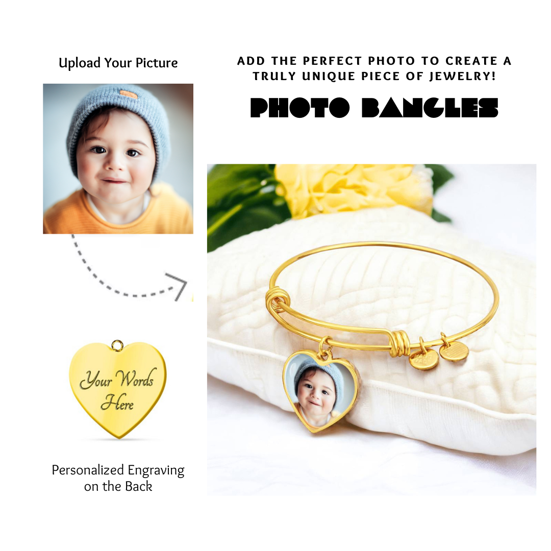 Photo Heart Pendant Bangles, Custom Picture Heart Bangles, Picture Pendant Bangles, Personalized Engraved Heart Bangles, Custom Gift for her