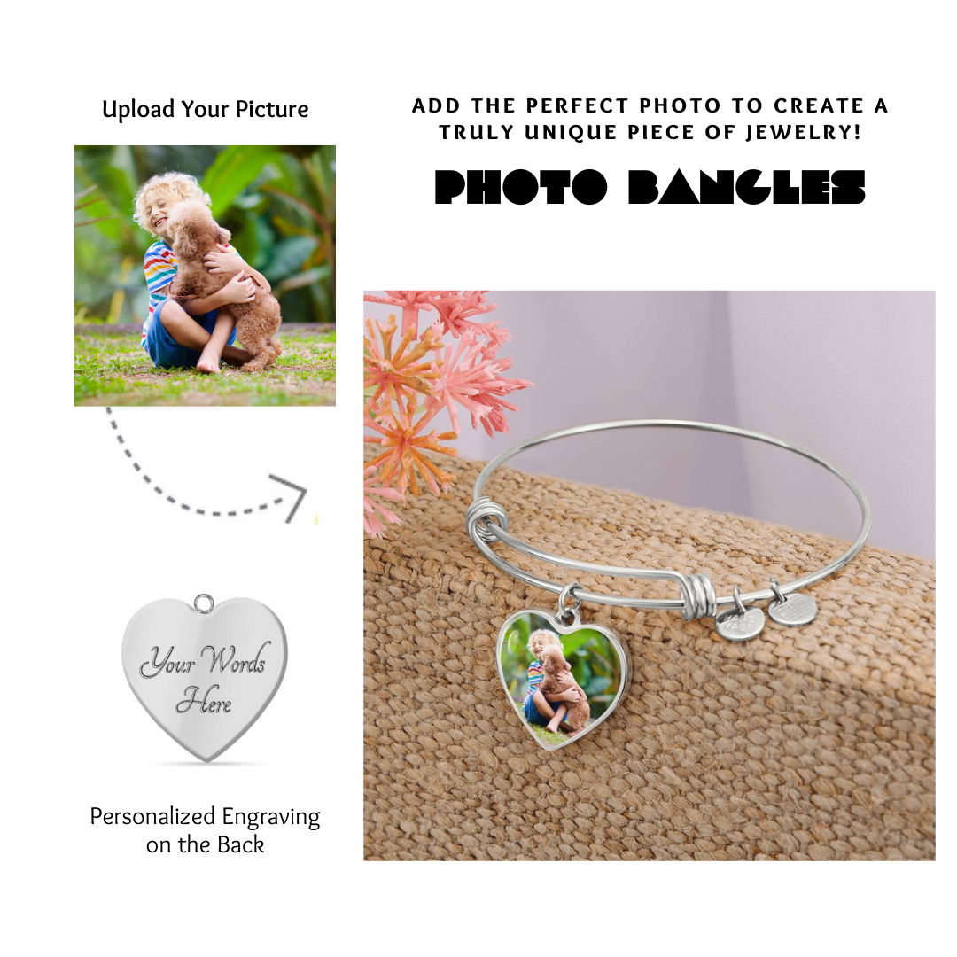 Photo Heart Pendant Bangles, Custom Picture Heart Bangles, Picture Pendant Bangles, Personalized Engraved Heart Bangles, Custom Gift for her