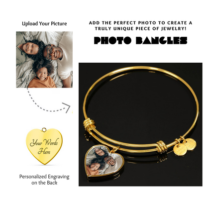 Photo Heart Pendant Bangles, Custom Picture Heart Bangles, Picture Pendant Bangles, Personalized Engraved Heart Bangles, Custom Gift for her