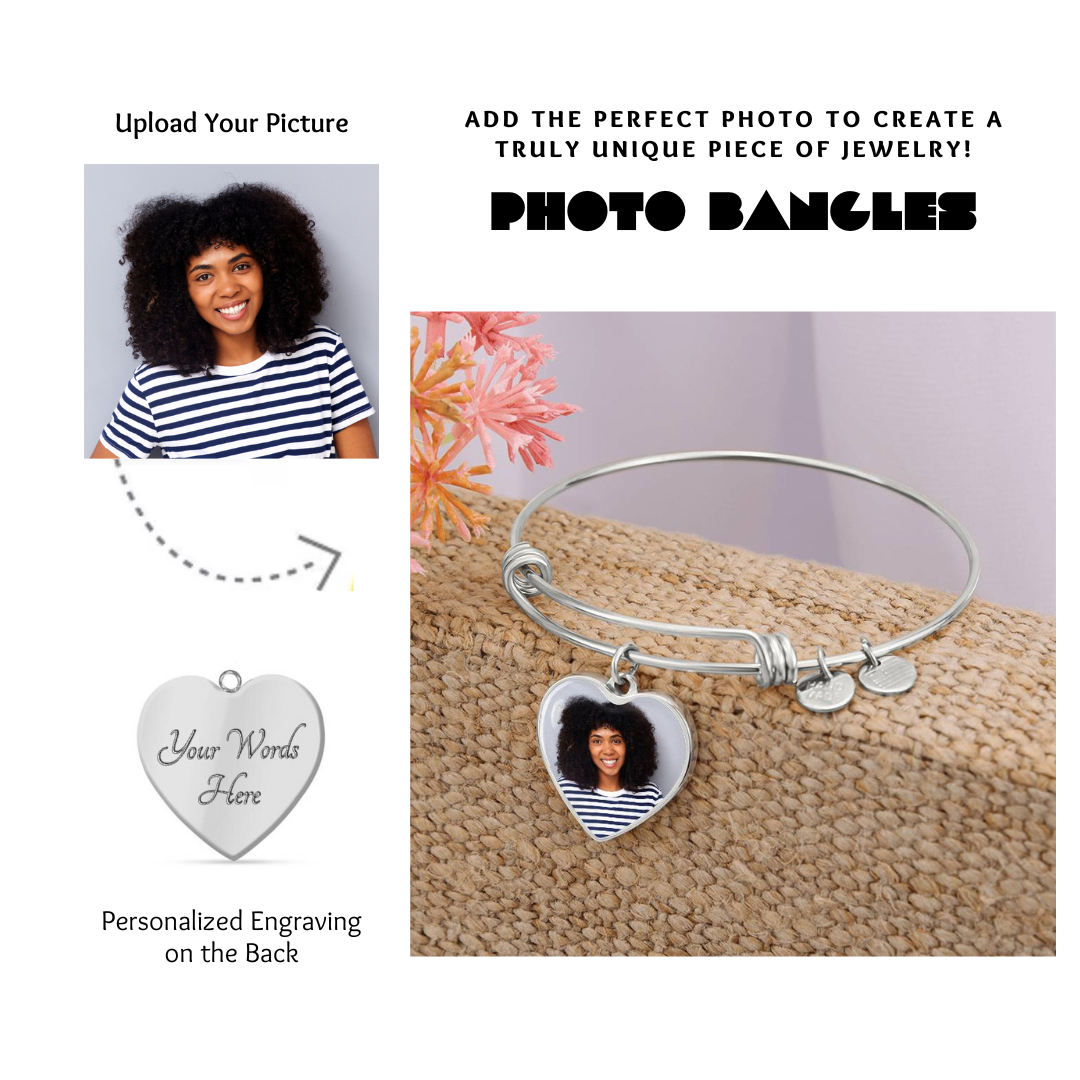 Photo Heart Pendant Bangles, Custom Picture Heart Bangles, Picture Pendant Bangles, Personalized Engraved Heart Bangles, Custom Gift for her