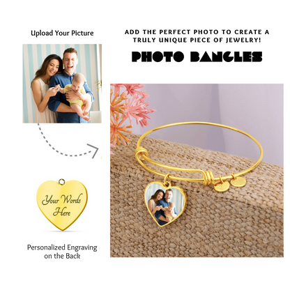 Photo Heart Pendant Bangles, Custom Picture Heart Bangles, Picture Pendant Bangles, Personalized Engraved Heart Bangles, Custom Gift for her