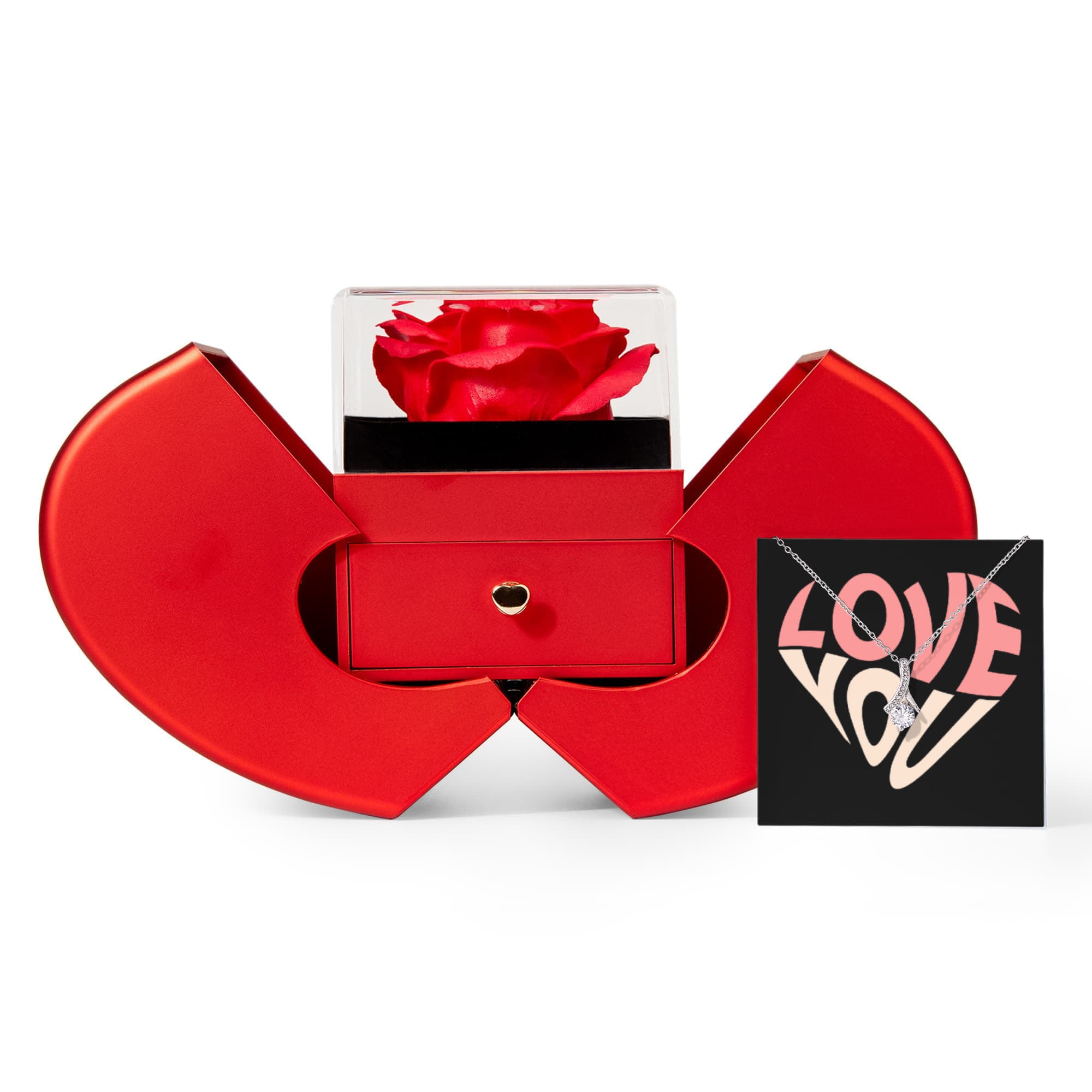 Create an unforgettable gifting experience with our elegant Alluring Beauty Necklace and Heart Box gift set. The everlasting rose symbolizes eternal love, while the sparkling necklace serves as the perfect token of your love. Ideal for birthdays, anniversaries, or any special occasion, this beautiful package is guaranteed to make your loved one feel truly cherished and appreciated.