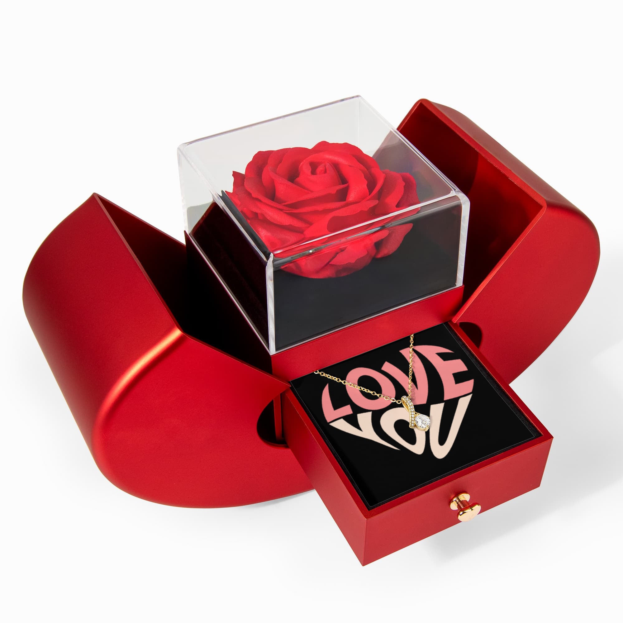 Create an unforgettable gifting experience with our elegant Alluring Beauty Necklace and Heart Box gift set. The everlasting rose symbolizes eternal love, while the sparkling necklace serves as the perfect token of your love. Ideal for birthdays, anniversaries, or any special occasion, this beautiful package is guaranteed to make your loved one feel truly cherished and appreciated.