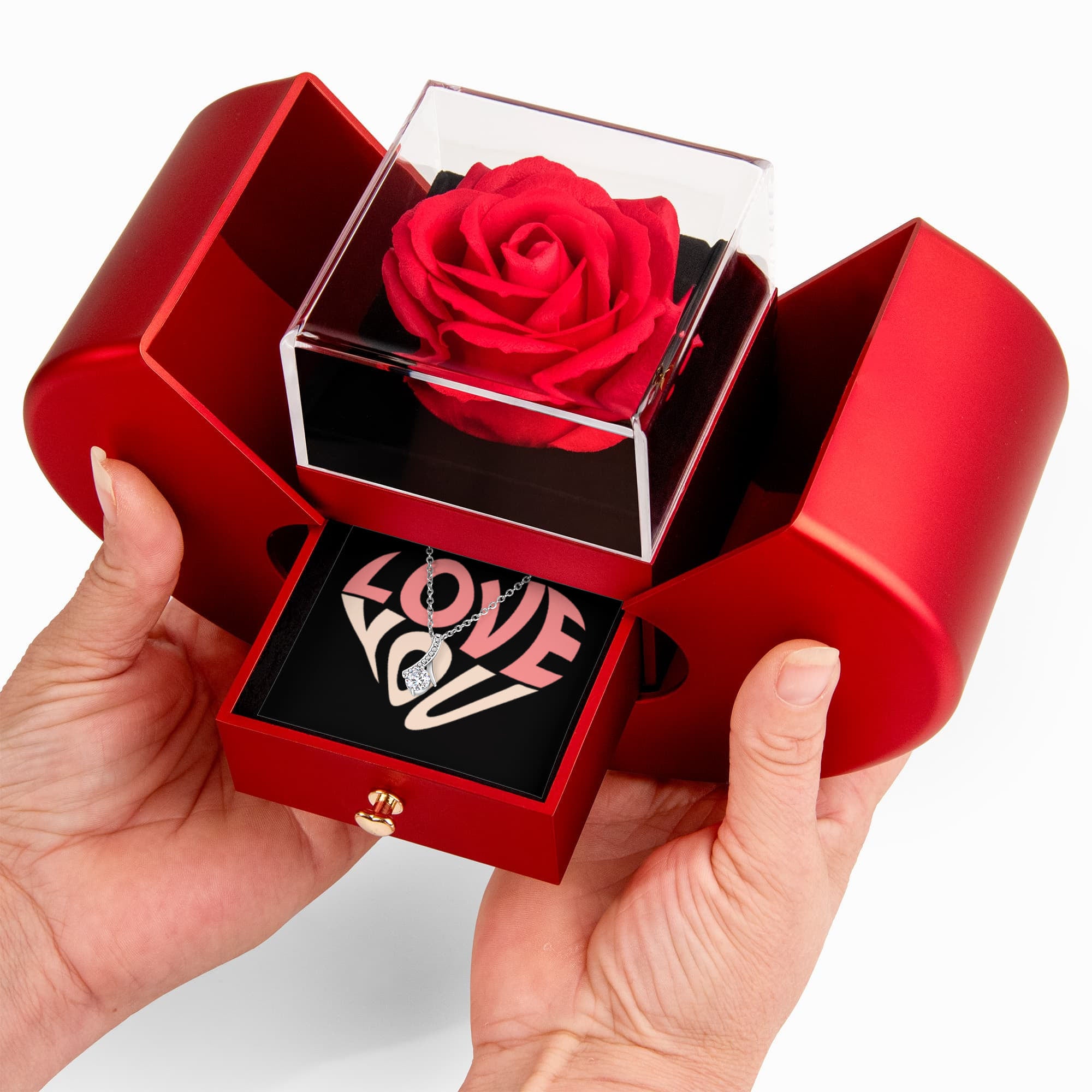 Create an unforgettable gifting experience with our elegant Alluring Beauty Necklace and Heart Box gift set. The everlasting rose symbolizes eternal love, while the sparkling necklace serves as the perfect token of your love. Ideal for birthdays, anniversaries, or any special occasion, this beautiful package is guaranteed to make your loved one feel truly cherished and appreciated.